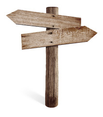 Old wooden road sign with left and right arrows isolated