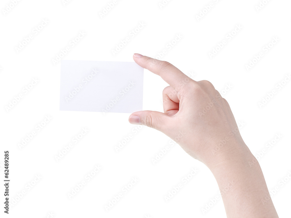 woman hand holding blank card isolated on white background