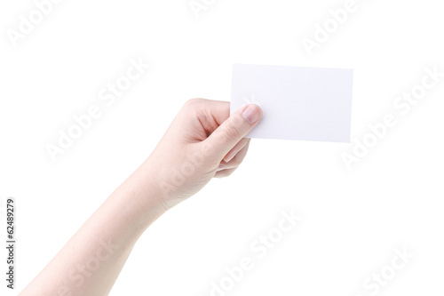 woman hand holding blank card isolated on white background