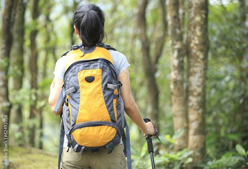 woman hiker walking in forest