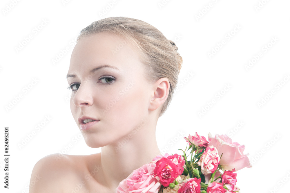 Beauty portrait of girl with bouquet of roses Beauty portrait of girl with bouquet of roses