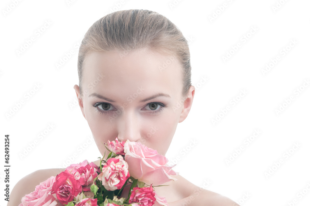 Beauty portrait of girl with bouquet of roses Beauty portrait of girl with bouquet of roses