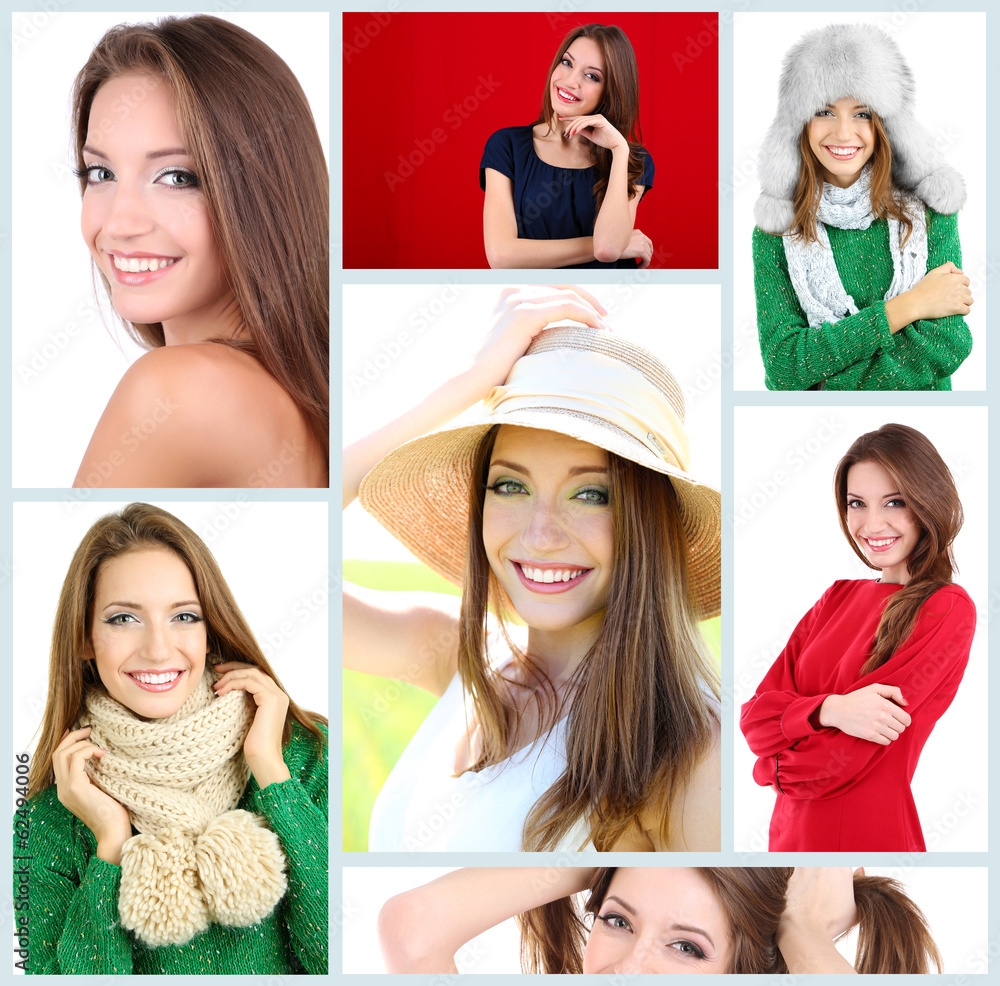 Collage of portraits young beautiful girl Collage of portraits young beautiful girl