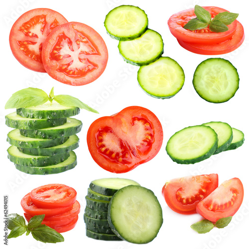 Collage of vegetable slices isolated on white