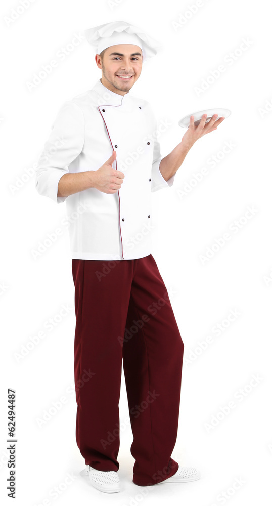 Professional chef in white uniform and hat, isolated on white Professional chef in white uniform and hat, isolated on white