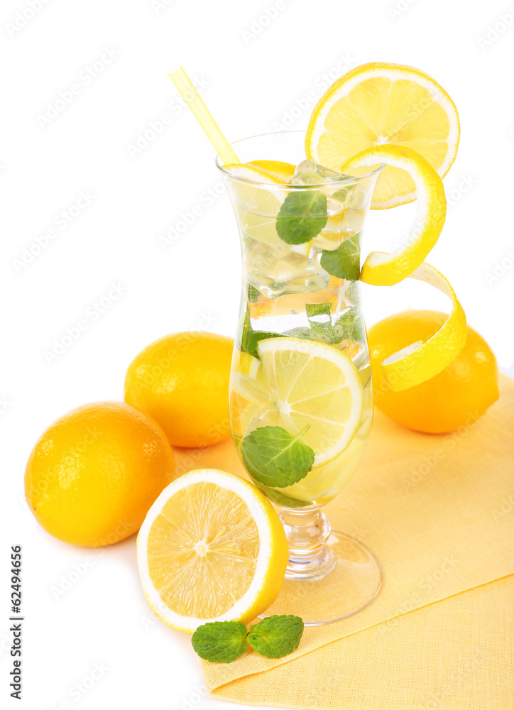 Glass of cocktail with lemon and mint isolated on white Glass of cocktail with lemon and mint isolated on white