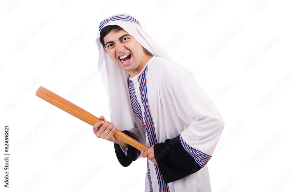 Aggressive arab man with baseball bat on white Aggressive arab man with baseball bat on white