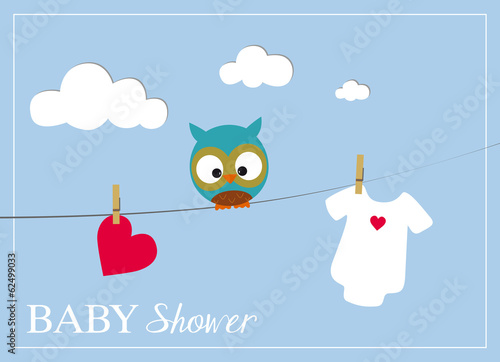 baby shower invitation card with baby bodysuit, owl and heart