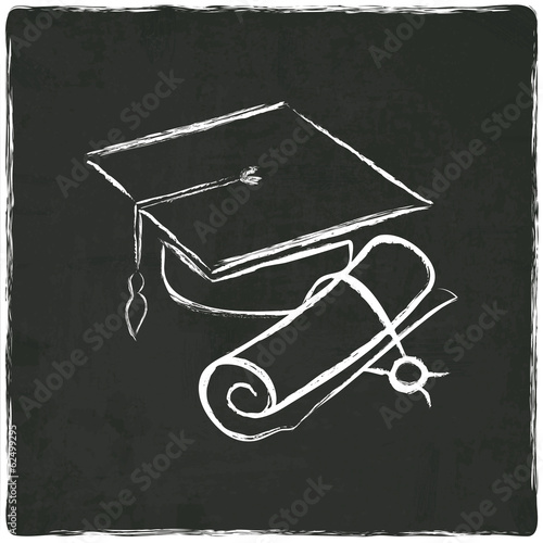 Graduation cap and diploma on old background