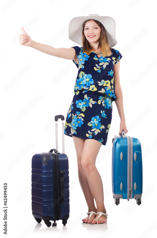 Woman with suitcases isolated on white Woman with suitcases isolated on white