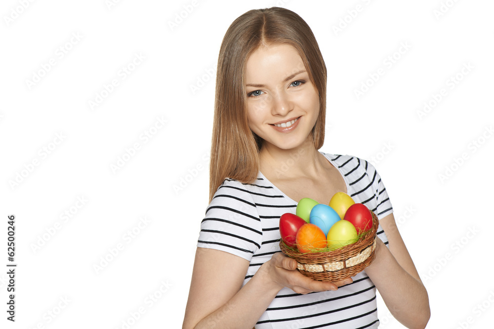 Female holding basket with Easter eggs Female holding basket with Easter eggs