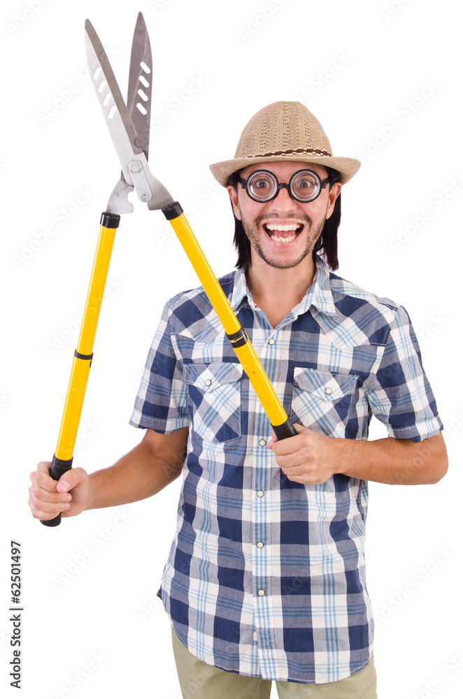 Funny guy with garden shears on white Funny guy with garden shears on white