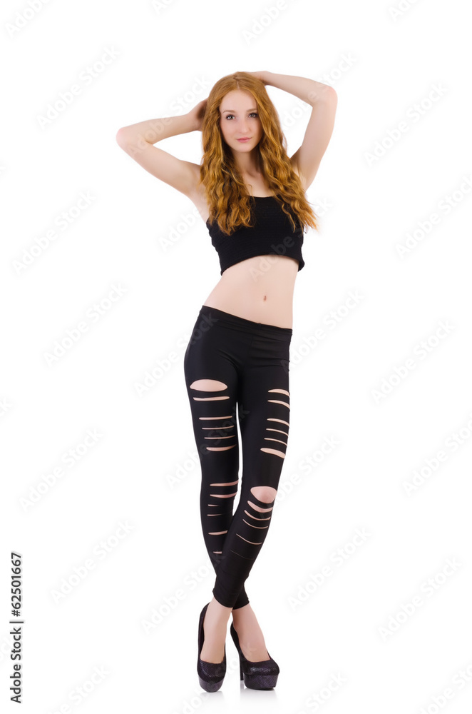 Girl with torn leggings on white Girl with torn leggings on white