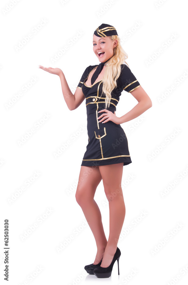 Young airhostess holding hands isolated on white Young airhostess holding hands isolated on white