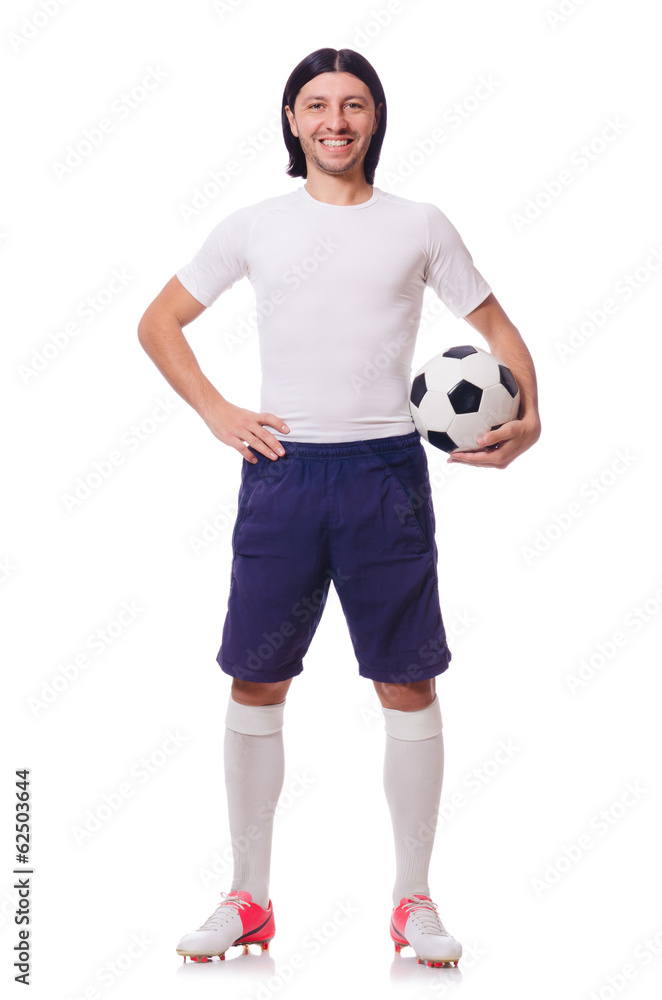 Young soccer football player on white