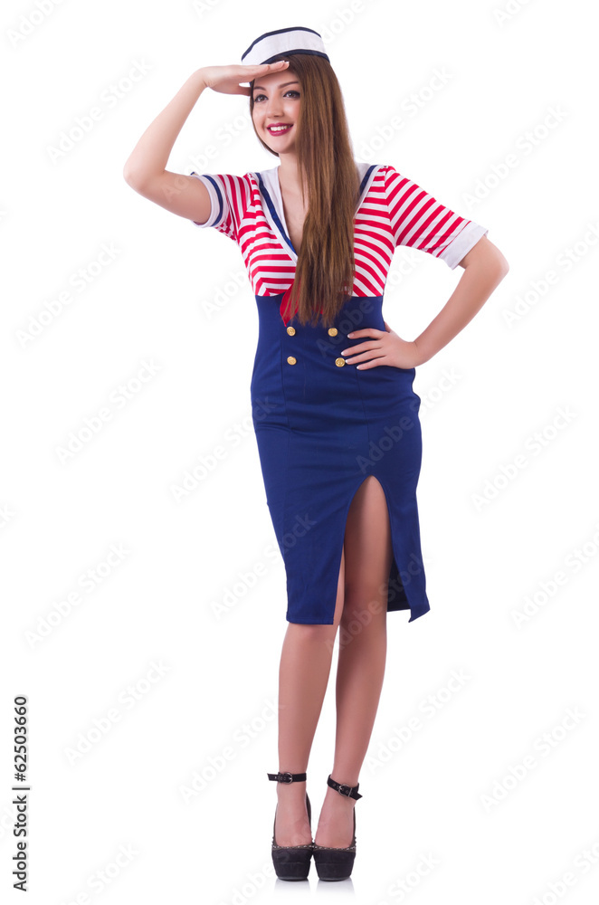 Fototapeta premium Young flight attendant isolated on the white