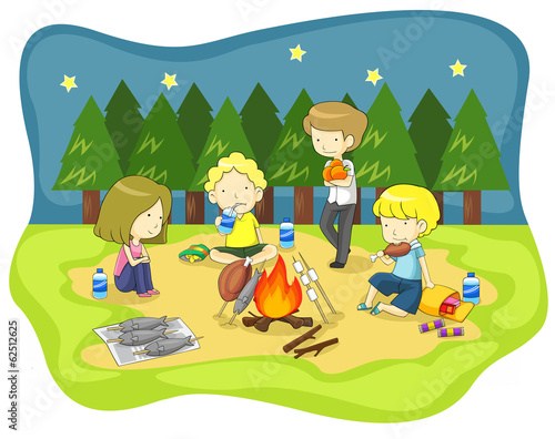 Children campfire in the wilderness at night (vector)