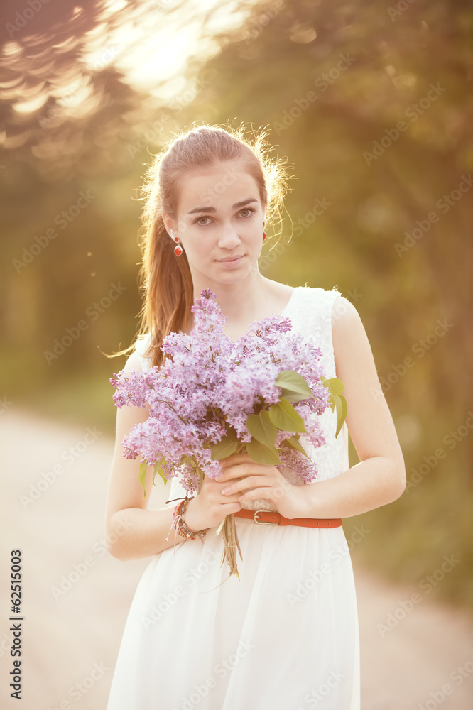 beautiful girl with bouquet of lilac beautiful girl with bouquet of lilac