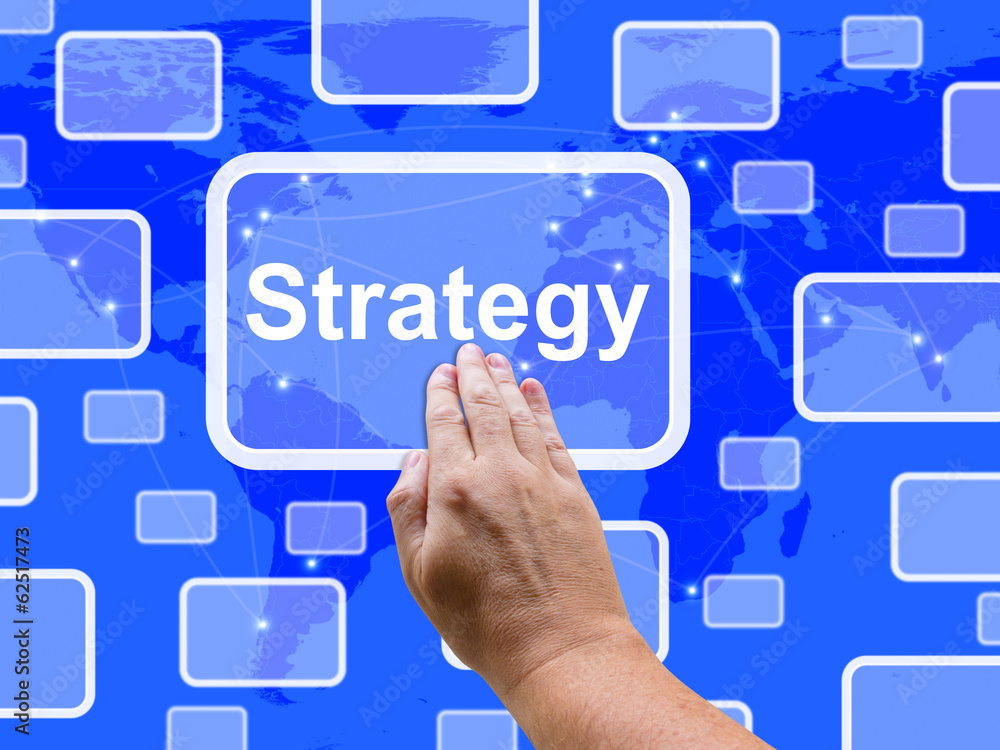 Strategy Touch Screen Shows Business Solution Or Management Goal Strategy Touch Screen Shows Business Solution Or Management Goal