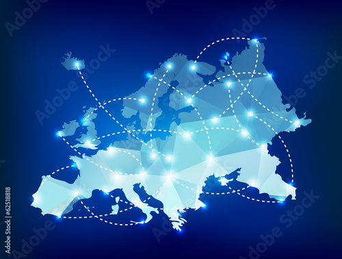 Europe map polygonal with spot lights places