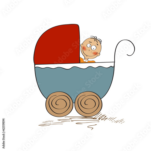 baby boy in stroller isolated on white background