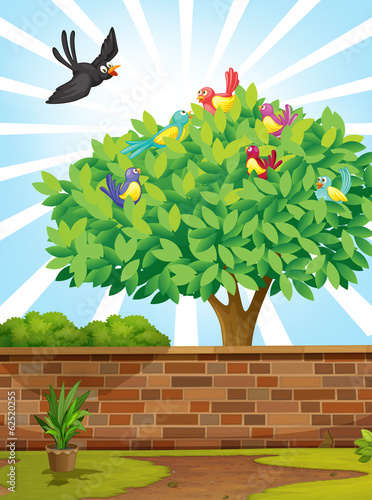 A tree with a flock of birds