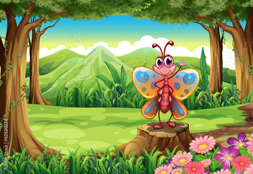 A butterfly above the stump at the forest