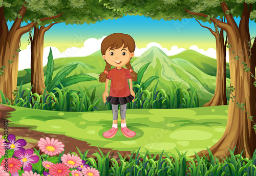 A forest with a tall young girl