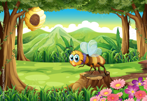 A jungle with a bee near the beehive