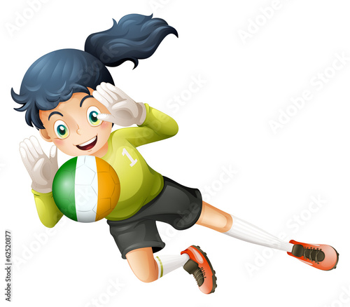 A female player using the ball with the flag of Ireland