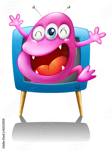 A blue TV with a pink monster