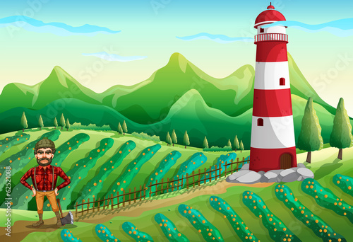 A farm with a tower and a lumberjack
