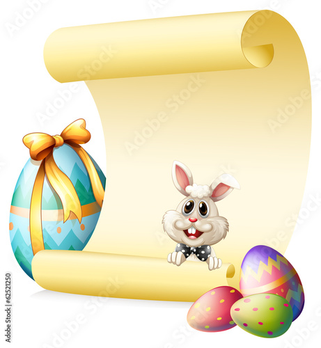 An empty paper template with a bunny and Easter eggs