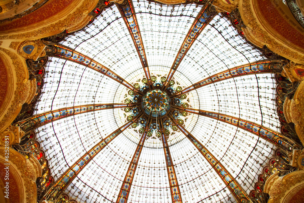 Internal of the iconic mosaic dome of Galeries Lafayette in Pari