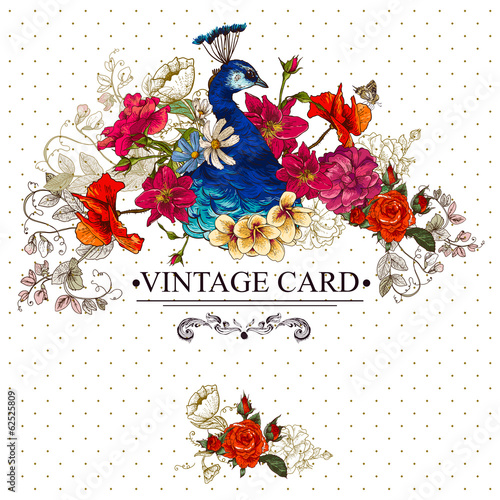 Floral Vintage Card with Peacock