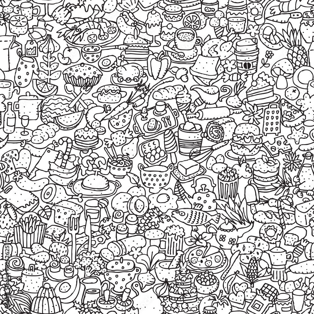 Food seamless pattern in black and white