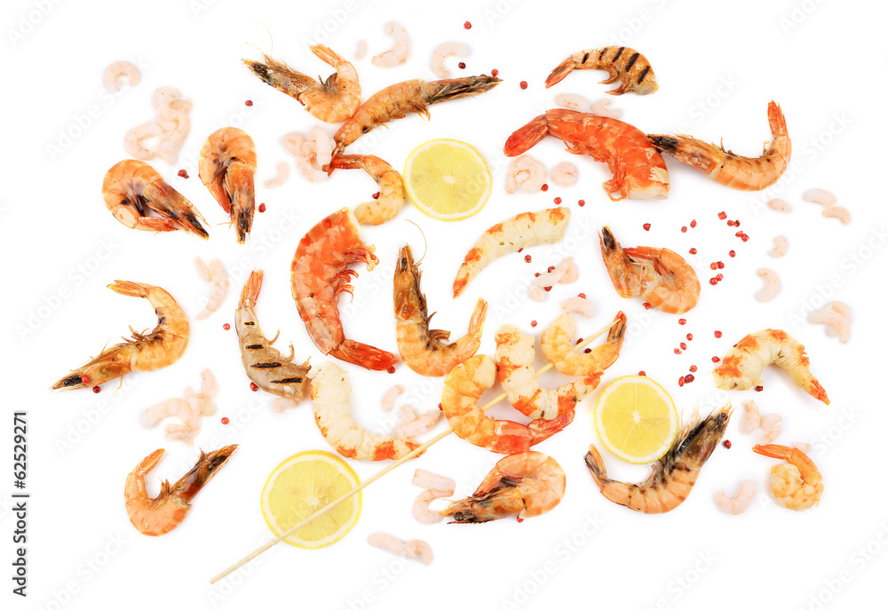 Fresh cooked shrimps composition with lemon. Fresh cooked shrimps composition with lemon.