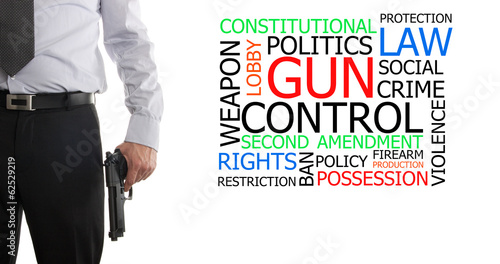 Armed man next to gun control word cloud
