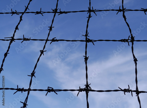 Black barbed wire, blue sky photo