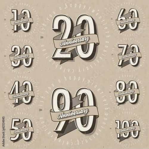 Anniversary sign collection and cards design in retro style.