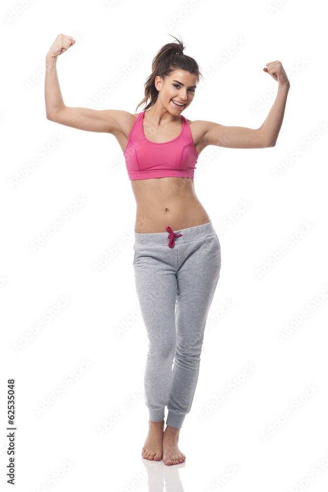 Happy woman reaching goal weight Happy woman reaching goal weight