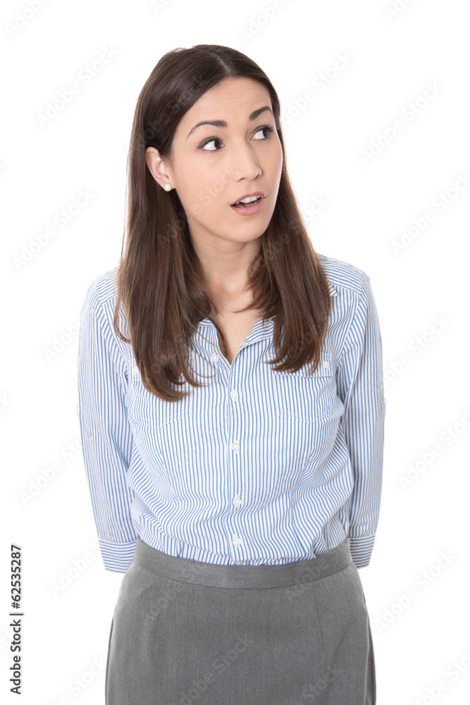 Business Frau isoliert blickt erstaunt zur Seite Business Frau isoliert blickt erstaunt zur Seite