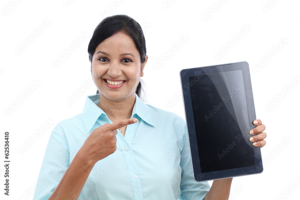 Happy young business woman showing tablet Happy young business woman showing tablet