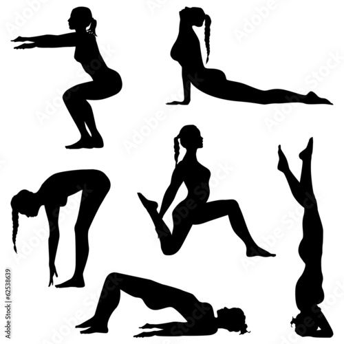 Woman are making exercises. Fitness silhouettes - vector set
