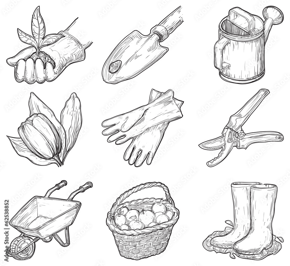 Naklejka premium Vector set of garden icons at at engraved style