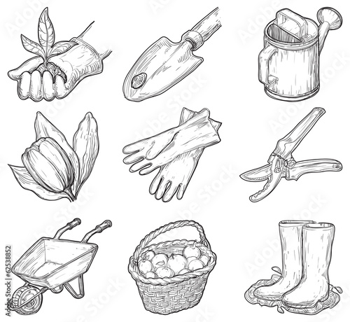 Vector set of garden icons at at engraved style