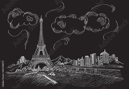 Eiffel Tower in Paris. Vector illustration of popular attraction. White sketch illustration on the black background. Beautiful landscape of sightseeing. Line art. 