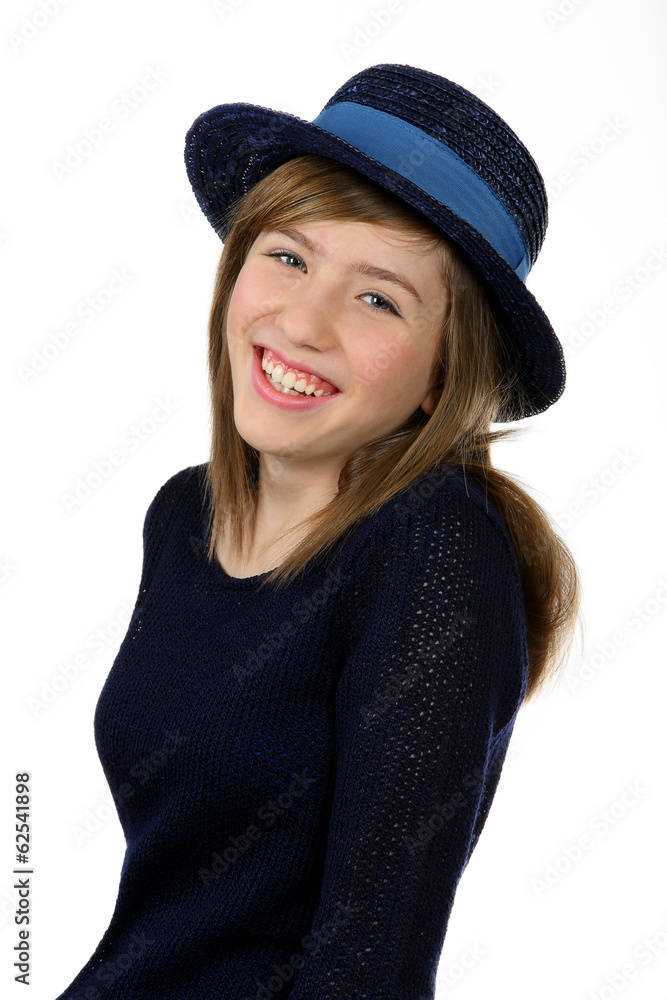 Smiling beautiful teenage girl with navy hat Smiling beautiful teenage girl with navy hat