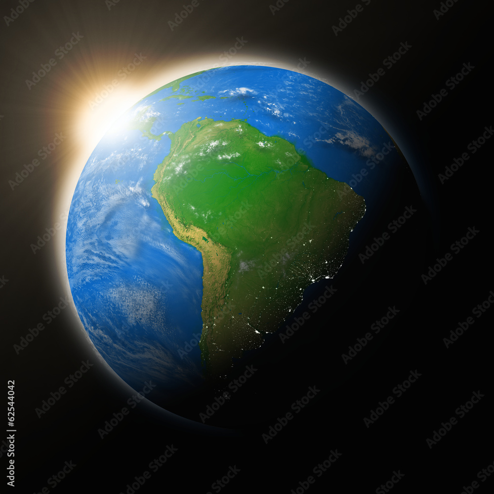 Sun over South America on planet Earth Sun over South America on planet Earth