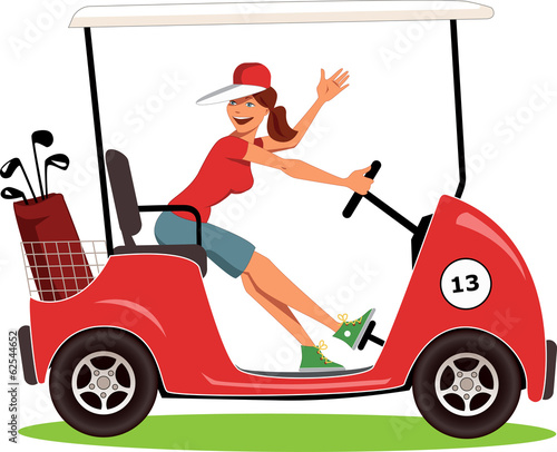 Woman driving a golf cart isolated on white